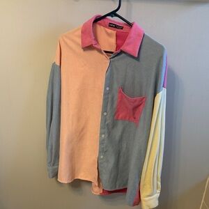 SHEIN Pastel Colorblock Button-Down Shirt in Pink, Blue, Yellow